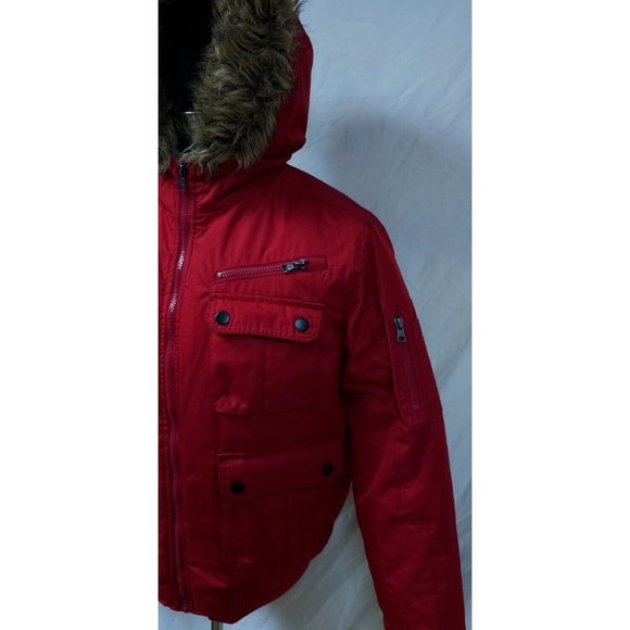 CJ Black Premium Womens Medium Red Zip Up Faux Fur Hood Heavy Winter Coat Jacket - Picture 3 of 14